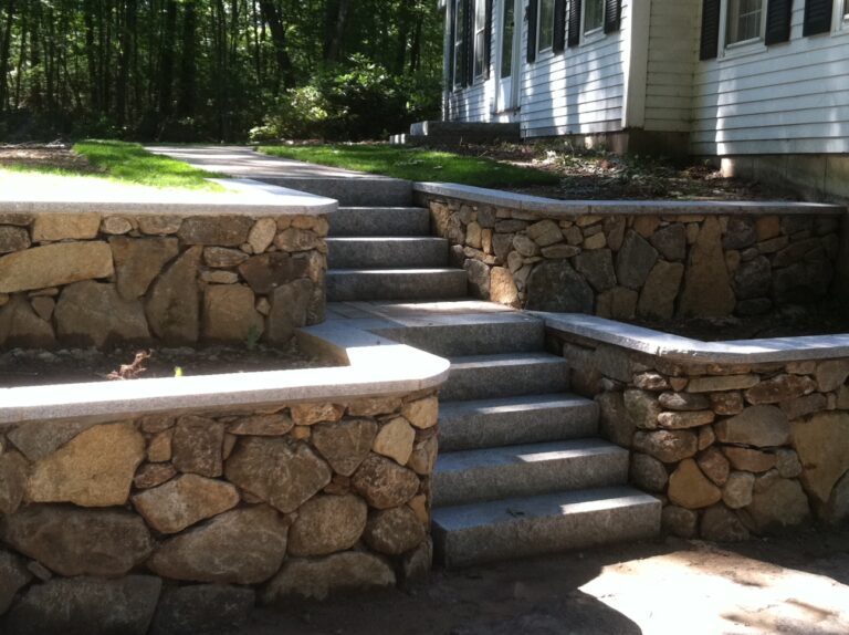 Stone hardscaping with stone wall and steps